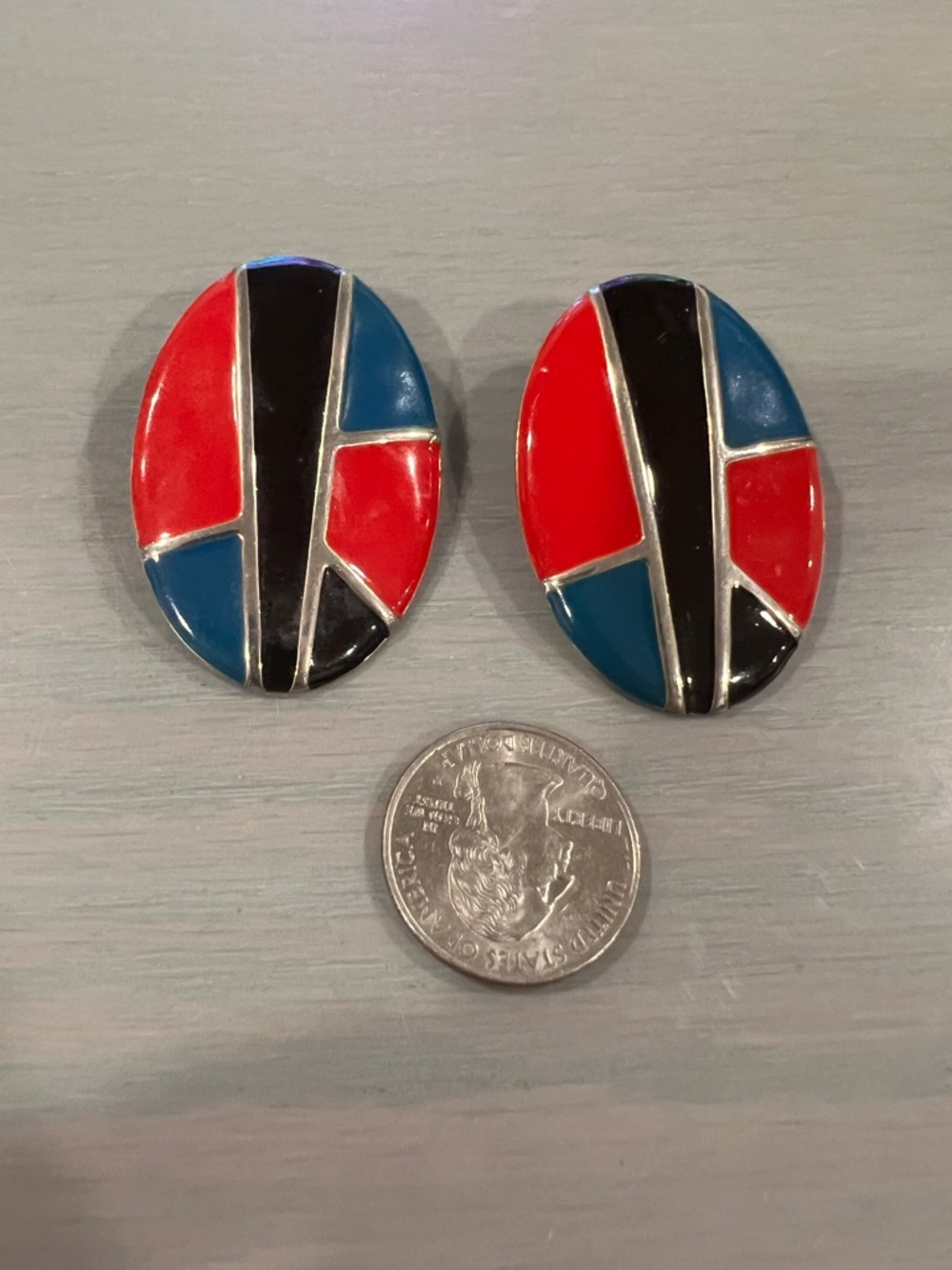 Large Round Multicolor Silver Toned Enamel Vintage Retro Earrings